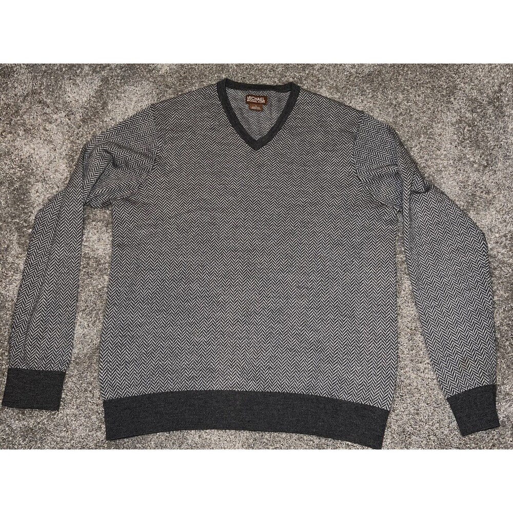 Michael Kors Men’s Lg Sweater Gray Taupe Merino Wool V-Neck Herringbone
